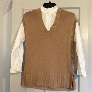 NEW LOFT Medium Beige V-Neck Sweater Vest With Ruffle Collar Blouse 100% Cotton